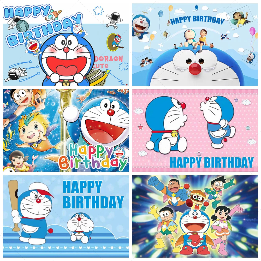 Cartoon Character Doraemon Theme Birthday Party Decoration Cute Blue Cat Background Baby Shower Poster Decoration Home Supplies