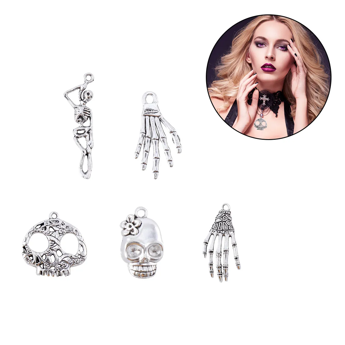 

40 шт. подвесок из сплава в виде серебряных черепов для Хэллоуина, готические аксессуары для украшений, детали для браслетов и ожерелий своими руками