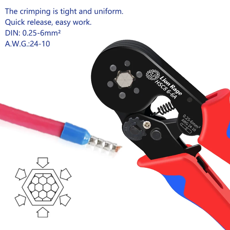 Mini adjustable hexagonal crimping pliers HSC8 6-6 0.25-6mm for ferrule terminals ²/ 24-10AWG Ratchet Connector Electrical Tools