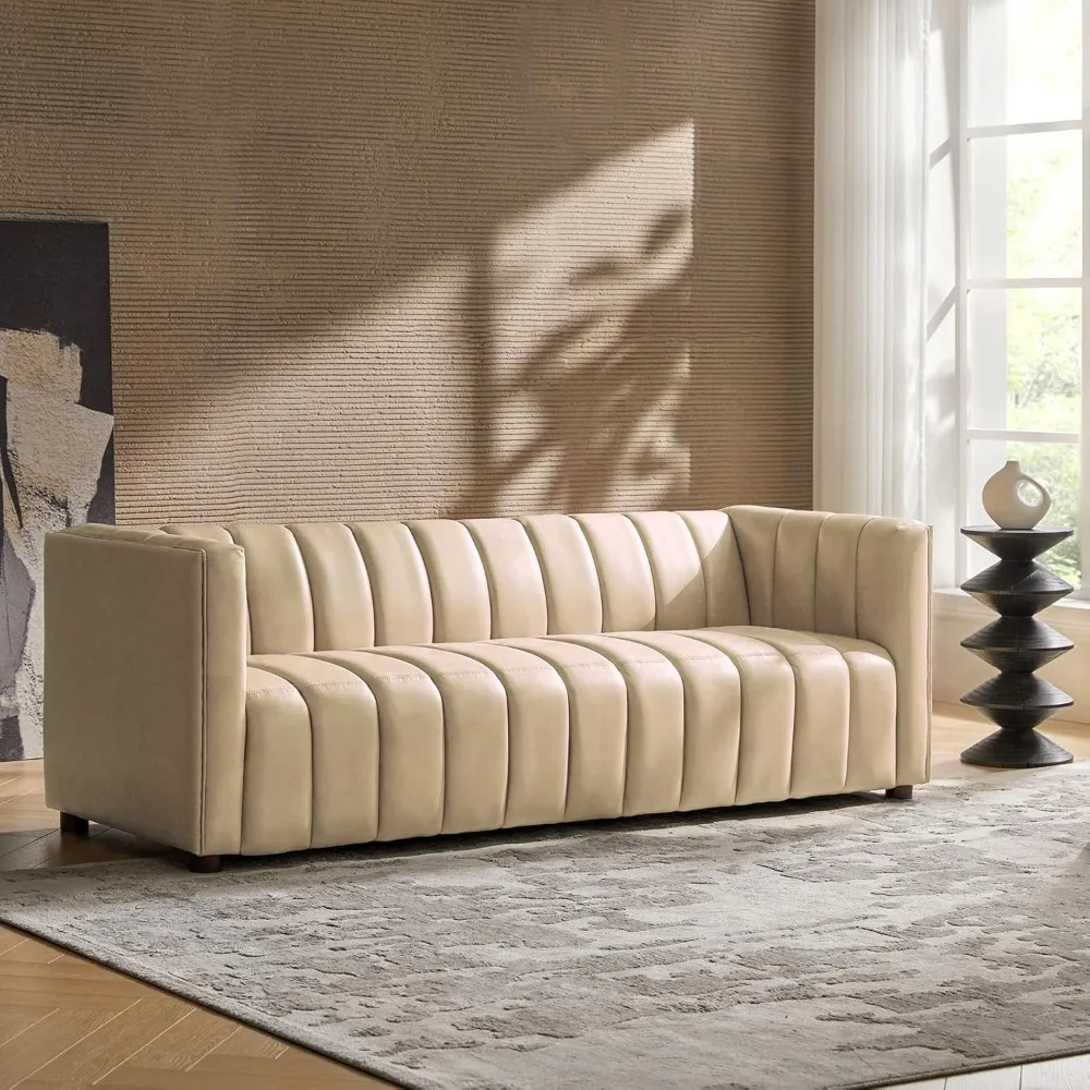 

83" Genuine Leather Sofa with Channel Tufted Design,3-Seater Sofa for Living Room Bedroom, Modern Oversized Couch with Wood Legs