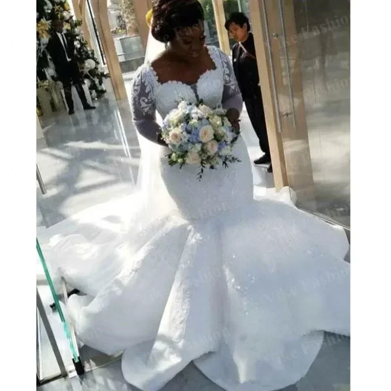 

Customized Plus Size Long Sleeves Mermaid Wedding Dress Custom South African Bride Maxi Gowns For Fat Bridal Lace Appliques