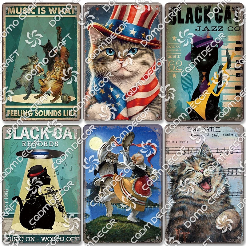 

Vintage Cat Poster Metal Tin Signs Cats Band Black Cat Guitar Drums Metal Plate Wall Decor Pet Shop Living Room Home