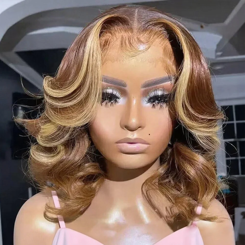 4-27-ハイライトオンブレショートボブウィッグ人毛ボディウェーブ13x4レースフロントウィッグブロンドカラー4x4レースクロージャーウィッグ密度250