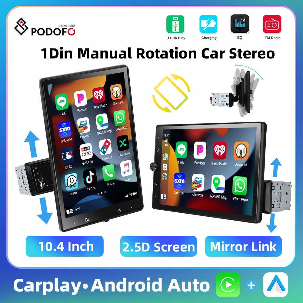 Podofo 10.4'' Multimedia Player 1Din Manual Rotation Car Stereo MP5 Player Carplay Android Auto Mirror Link Bluetooth Car Audio