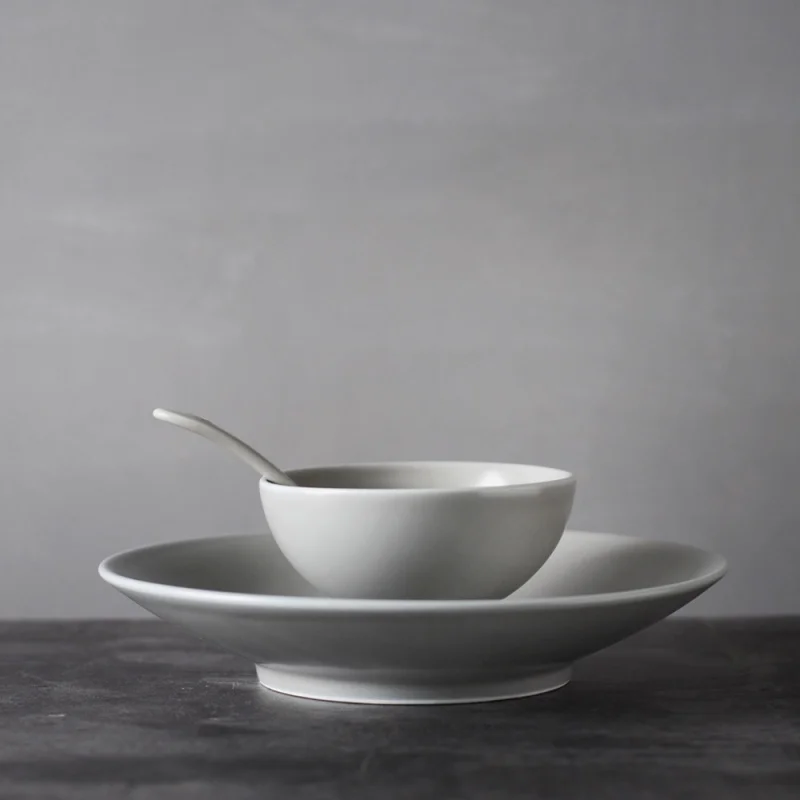 Jingdezhen European Retro Gray Ceramic Tableware Combination Soup Bowl Rice Bowl Deep Dish Soup Plate Plate Dish Dinner Plate No