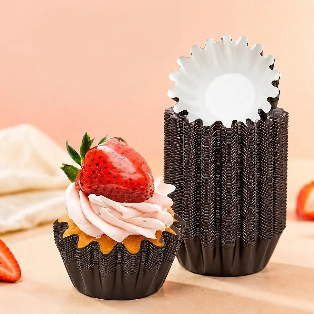 Zoyiancy 100 Count Dark Coffee Brown Flower Cupcake Liners, PE Coated Paper Baking Cups for Muffins, Brioche and Party Desserts