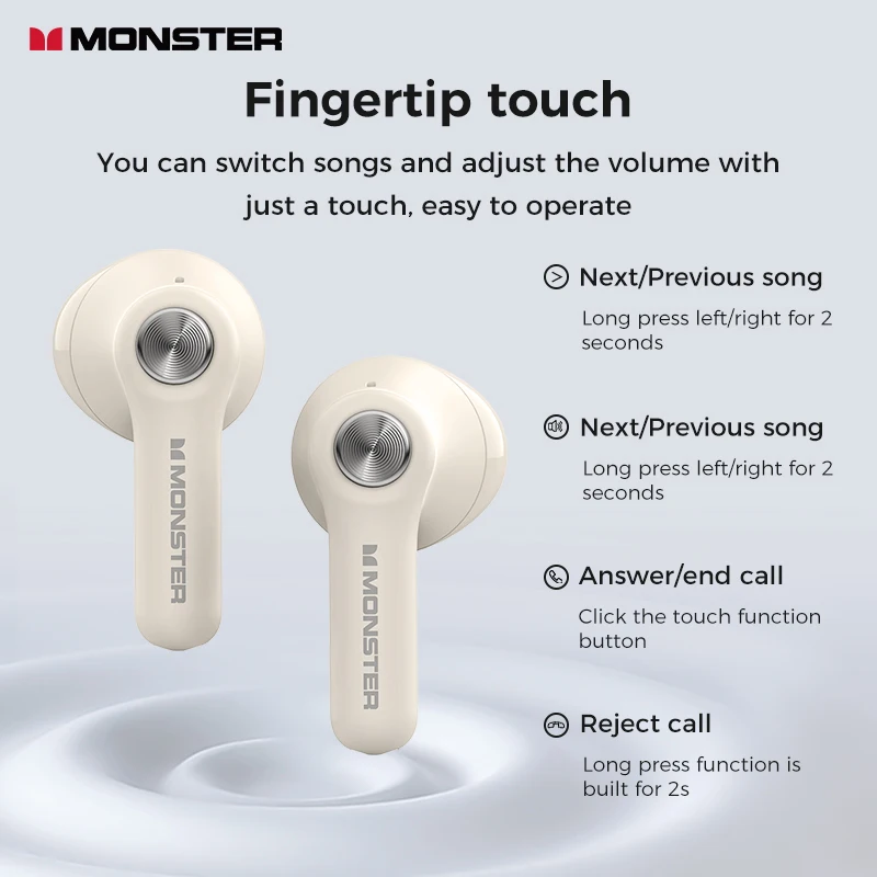 Monster N-lite 207 Bluetooth 5.4 Earphones Wireless Headphone with Mic Waterproof Touch Control Earbuds IPX5 ENC Noise Reduction