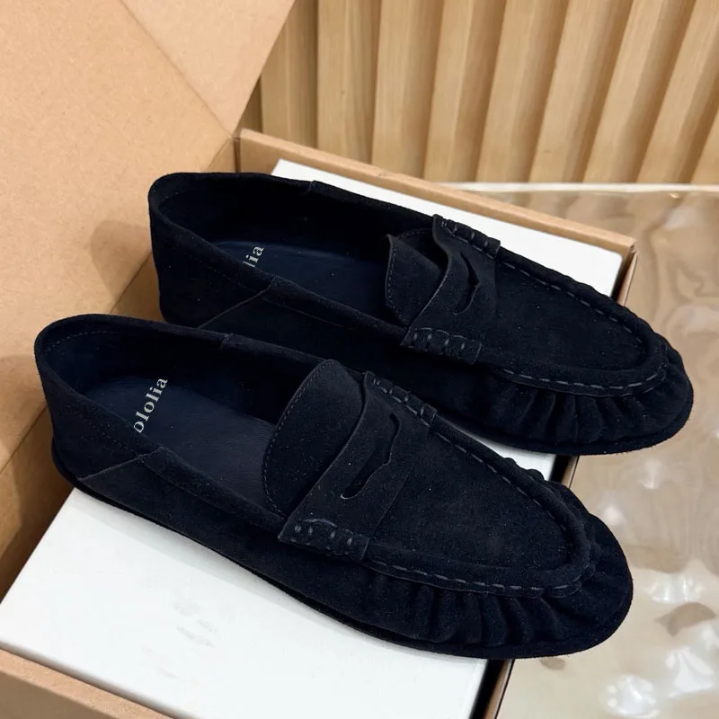 BOLOLIA High Quality Retro Loafers Round Toe Women Pumps Slip-On Genuine Leather Pleated Women Shoes Suede Casual Shoes