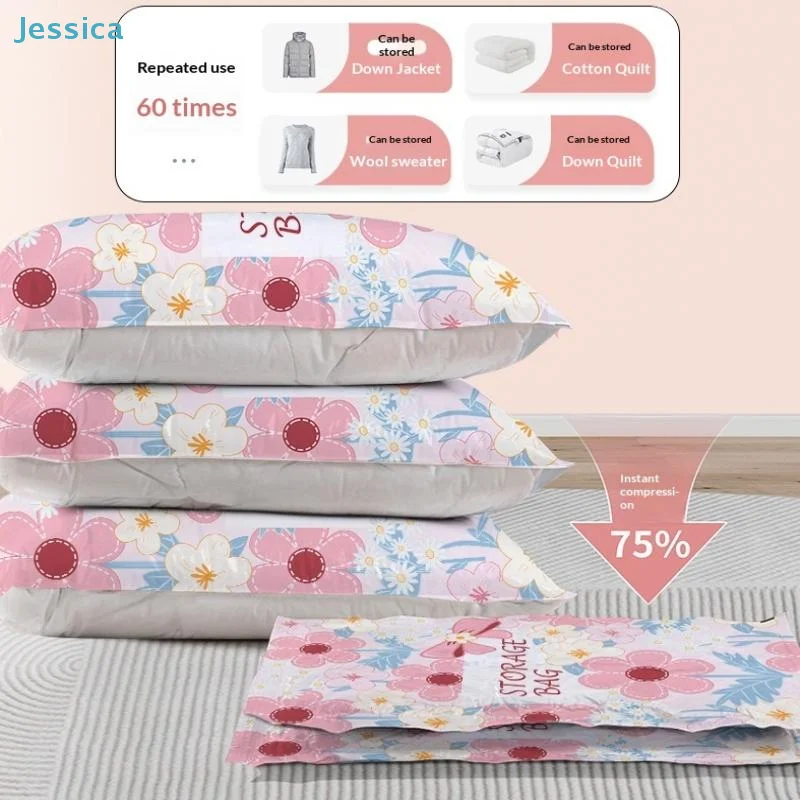 〔Jessica〕Wiederverwendbare Vakuum-Aufbewahrungsbeutel – platzsparende Kompressionsbeutel für Bettwäsche, Kleidung und Quilts (Blumenmuster)