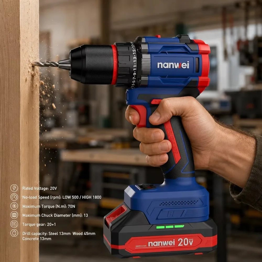 Nanwei 20V Brushless Cordless Impact Drill 70N.M Electric Screwdriver Power Tool for US Electricians