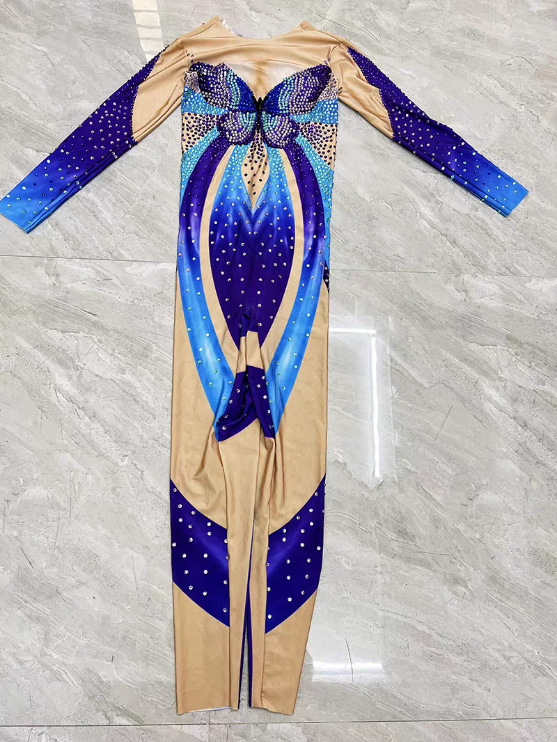 Female Costume Blue Butterfly Rhinestones Jumpsuits Sexy Leotard Crystals Bodysuit Nightclub DJ Singer Dancer Party Show Tights