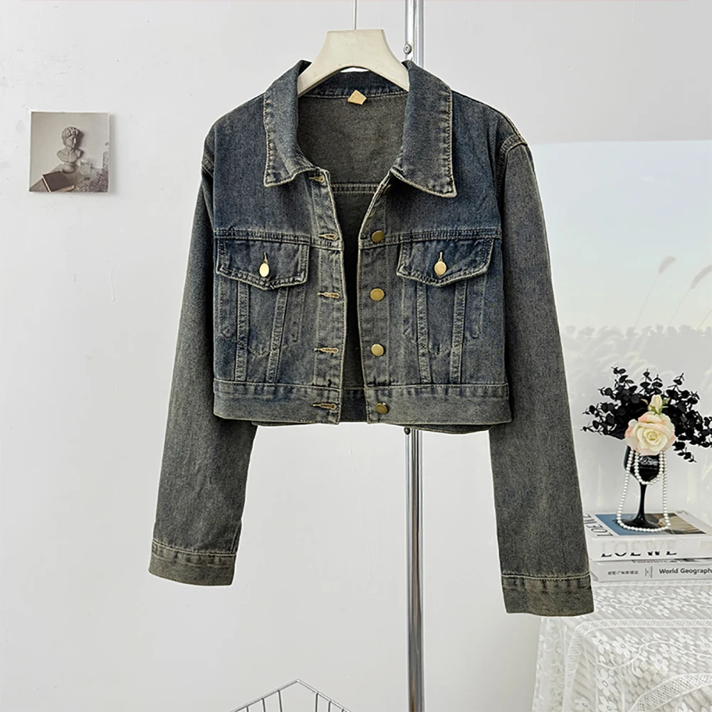 

Women Retro Distressed Short Denim Jackets Autumn Turn Down Collar Single Breasted Chic Jean Coats Streetwear for Ladies