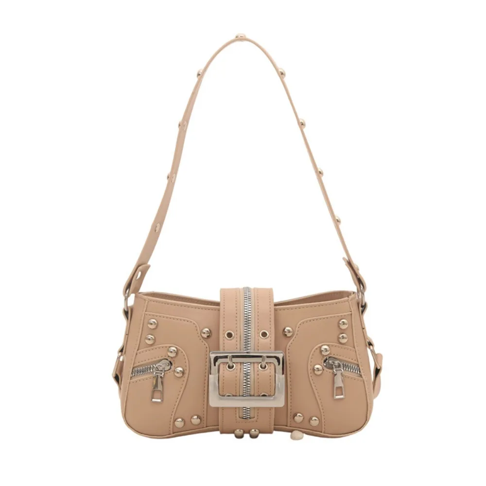 Simple Y2K Rivet Shoulder Bag Pu Leather Belt Buckle Leopard Print Underarm Bag Korean Fashion Retro Motorcycle Bag Girls