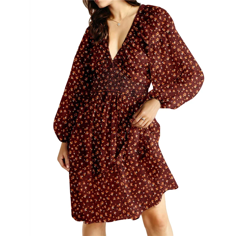 ABP-Vestiti autunnali da donna Boho floreale scollo a V manica lunga smock elastico in vita casual mini abito a trapezio prendisole