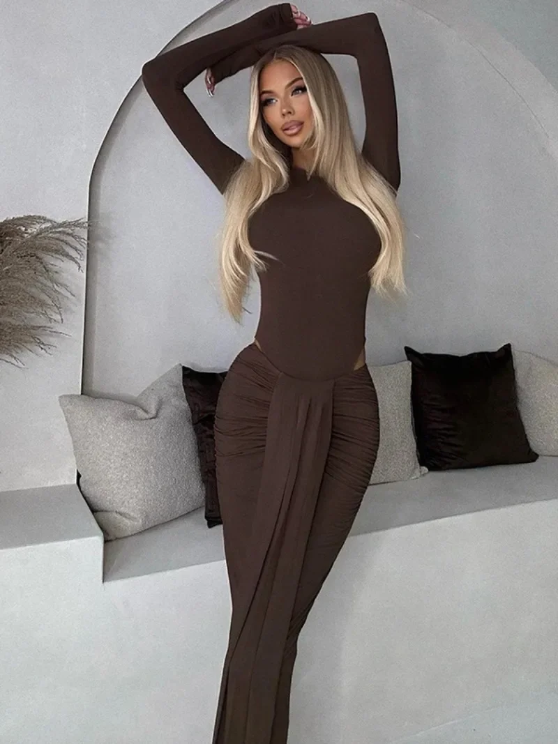 2024 Autumn Winter Long Sleeve Bodysuit High Waist Bandage Skirts Matching Sets Women Elegant 2 Pieces Long Dresses Streetwear