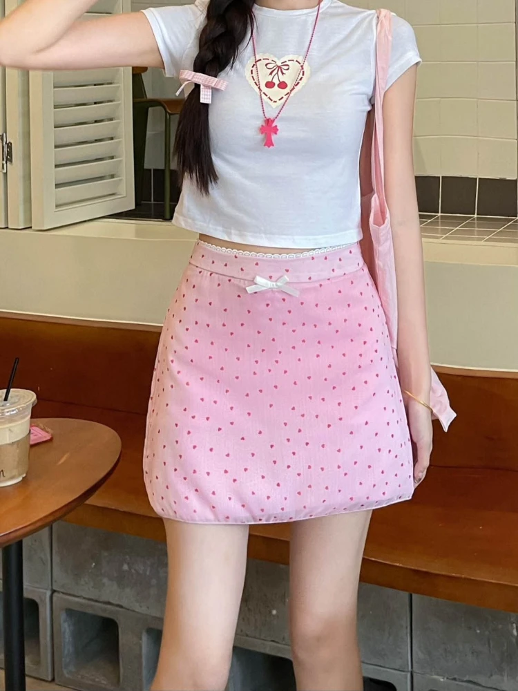 

Deeptown Sweet Pink Polka Dot Short Skirt Women Elegant Korean Style Bow Mini Skirts Vintage Y2k Fairycore Summer A-line Skirts
