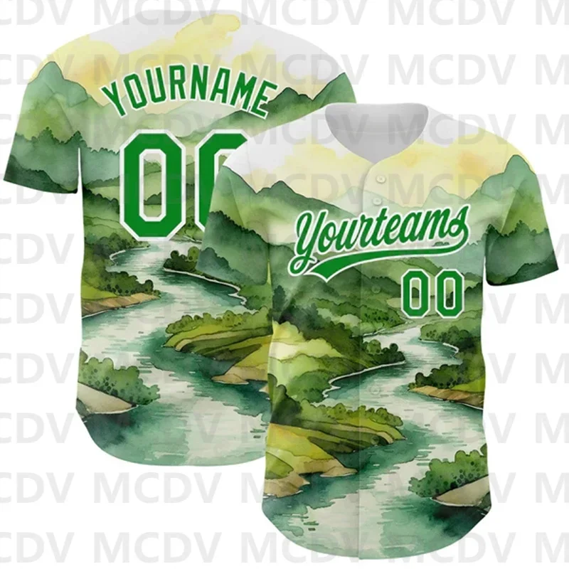 Custom Green Teal-White 3D Pattern Design Watercolor Mountains Authentic Baseball Jersey  Printed Casual Team Shirts Unisex Tops