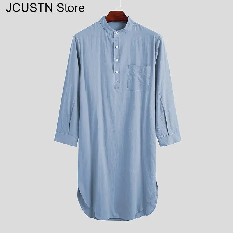 Abito da uomo arabo Indumento in stile nazionale Camicia lunga indiana Camicetta primaverile Abaya Camicia da notte in cotone Tunica araba al ginocchio