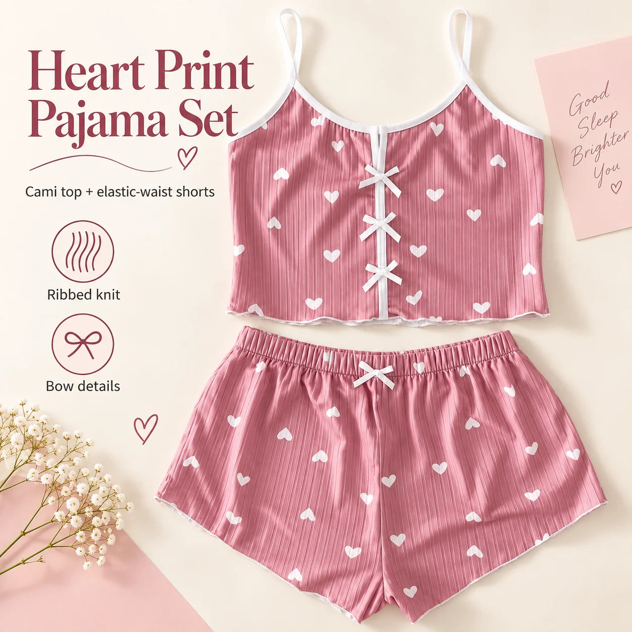 Women's Heart Print Ribbed Pajama Set Bow Cami Top and Elastic Waist Shorts Two Piece Summer Sleepwear in 4 Colors S-1XL