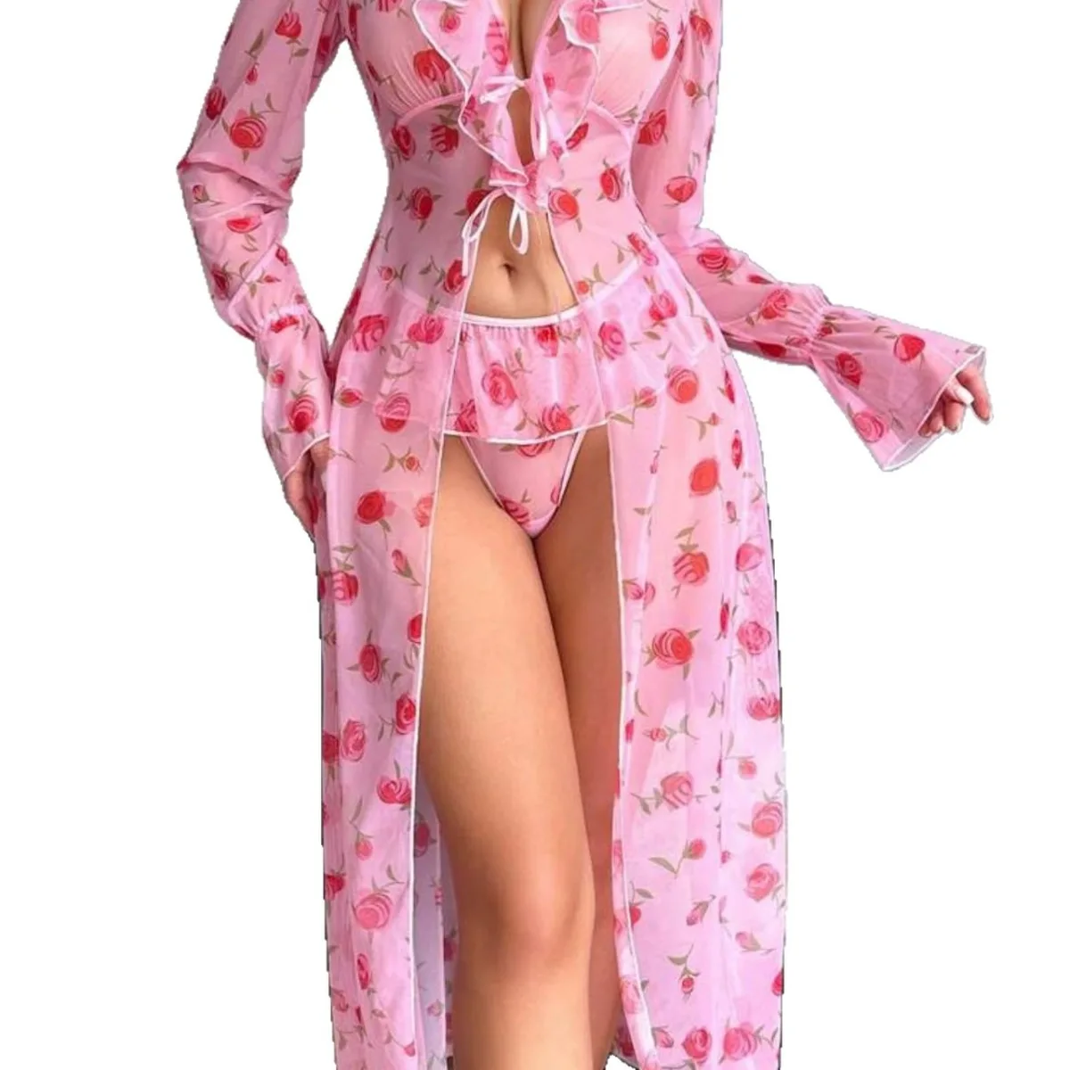 Sheer Pink Floral Print Long Sheer Cardigan Robe Match Thong Panty Set Women Erotic Sexy Lingerie Erotic Exotic Outfits Set