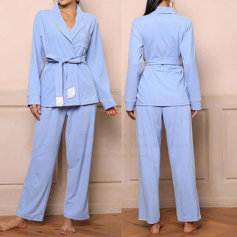 

Autumn Winter New Pajamas Suit Warm Sleepwear Pijamas De Mujer Cardigan Top Pants 2Pcs Thick Pijama Mujer Nightwear Loungewear