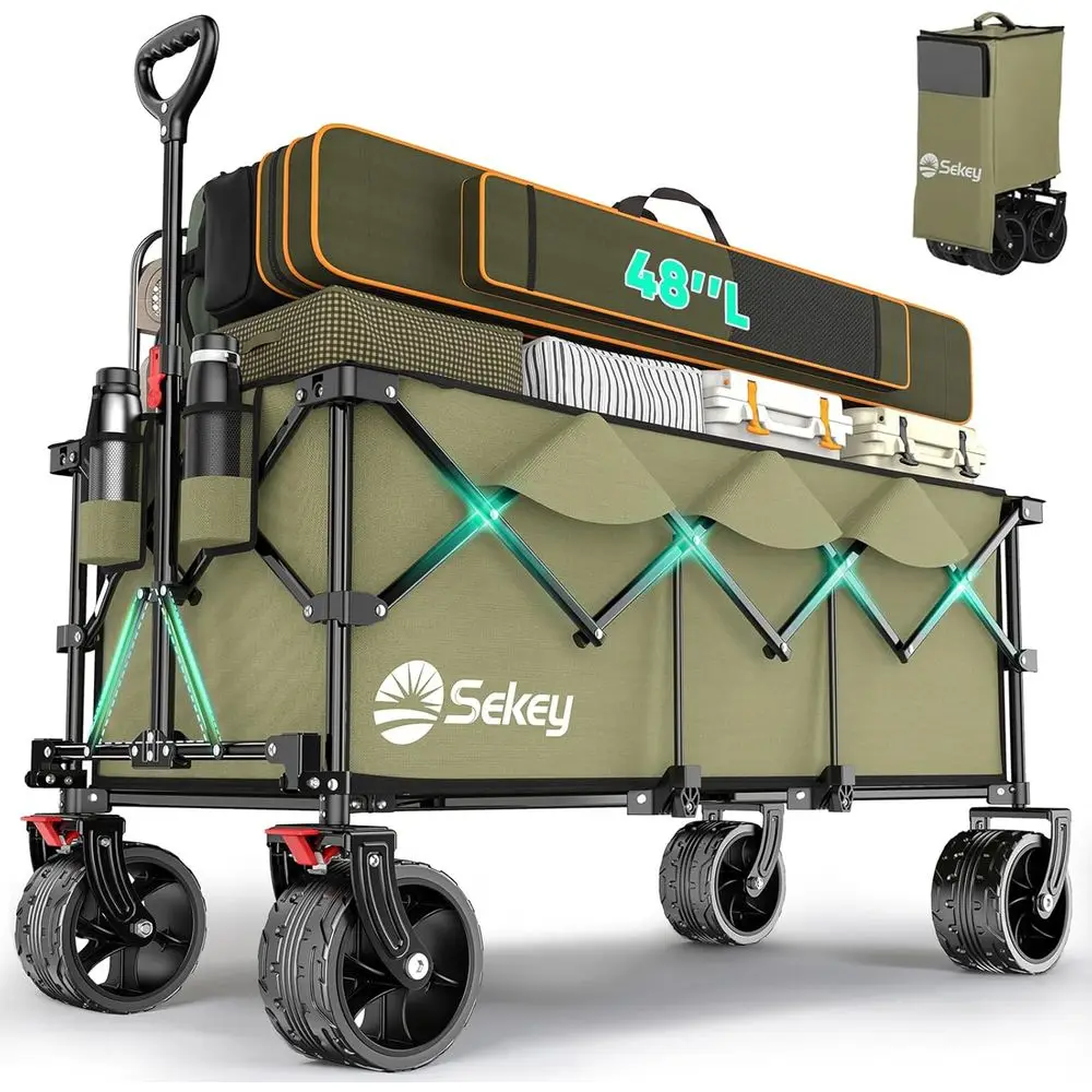 

Сверхпрочная складная тележка-платформа 300 л с грузоподъемностью 200 кг, вседорожными колесами и держателями для напитков, цвет хаки