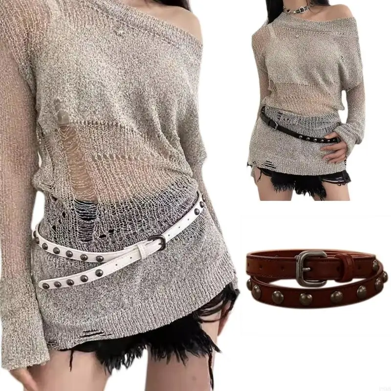 P88B Vintage Rivet PU Waist Strap For Jeans Belts Western Fashion Belt Waistband