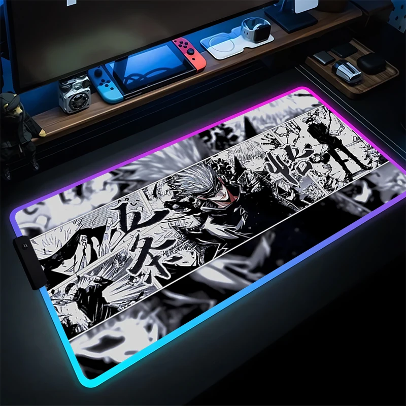 لوحة الماوس ملحقات الألعاب RGB لوحة مفاتيح الكمبيوتر ألعاب J-jujutsu K-kaisen Gojo Satoru Mousepad LED اليابان أنيمي سطح المكتب حصيرة