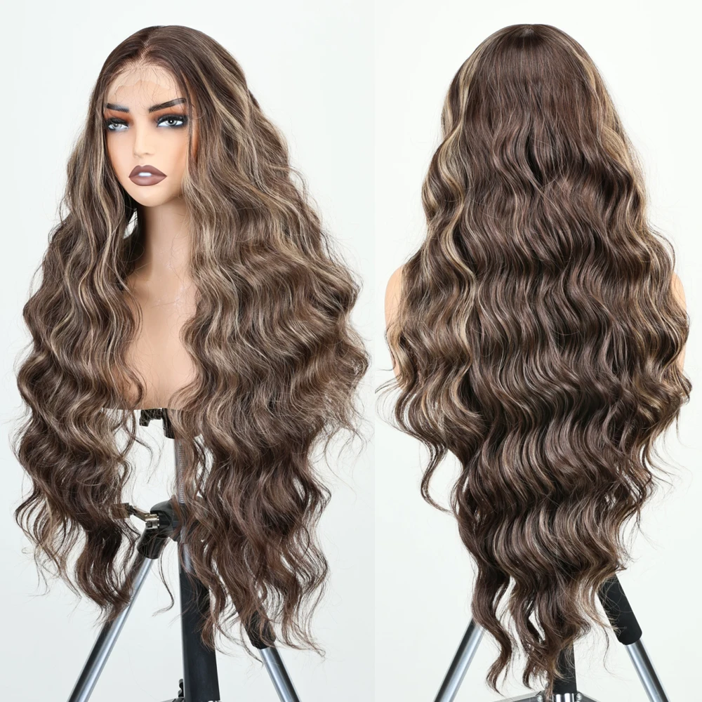 

X-TRESS Highlight Blonde Color Синтетические парики 13X6 Парики спереди для женщин 32-дюймовый длинный свободный волнистый парик с натуральными волосами ребенка