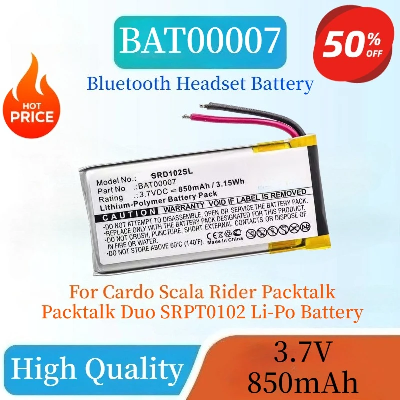 

BAT00007 3.7V 850mAh Bluetooth Headset Battery for Cardo Scala Rider Packtalk Packtalk Duo SRPT0102 Rechargeable Li-Po Baterias