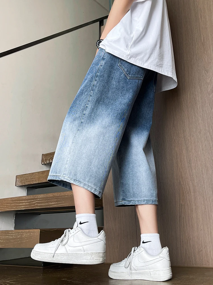 Waed adient Blue Jeans Men's Loose Wide Leg High Street American Retro Knee-Length orts Summer Casual Cotton Blend