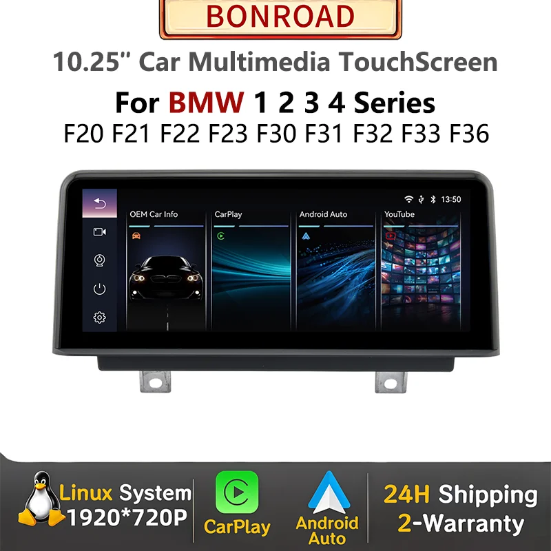 BONROAD Schermo Linux da 10.25'' con Carplay e Android Auto per BMW F20 F21 F22 F30 F31 F32 F33 F34 F36 2013-2017, Navigazione GPS e YouTube