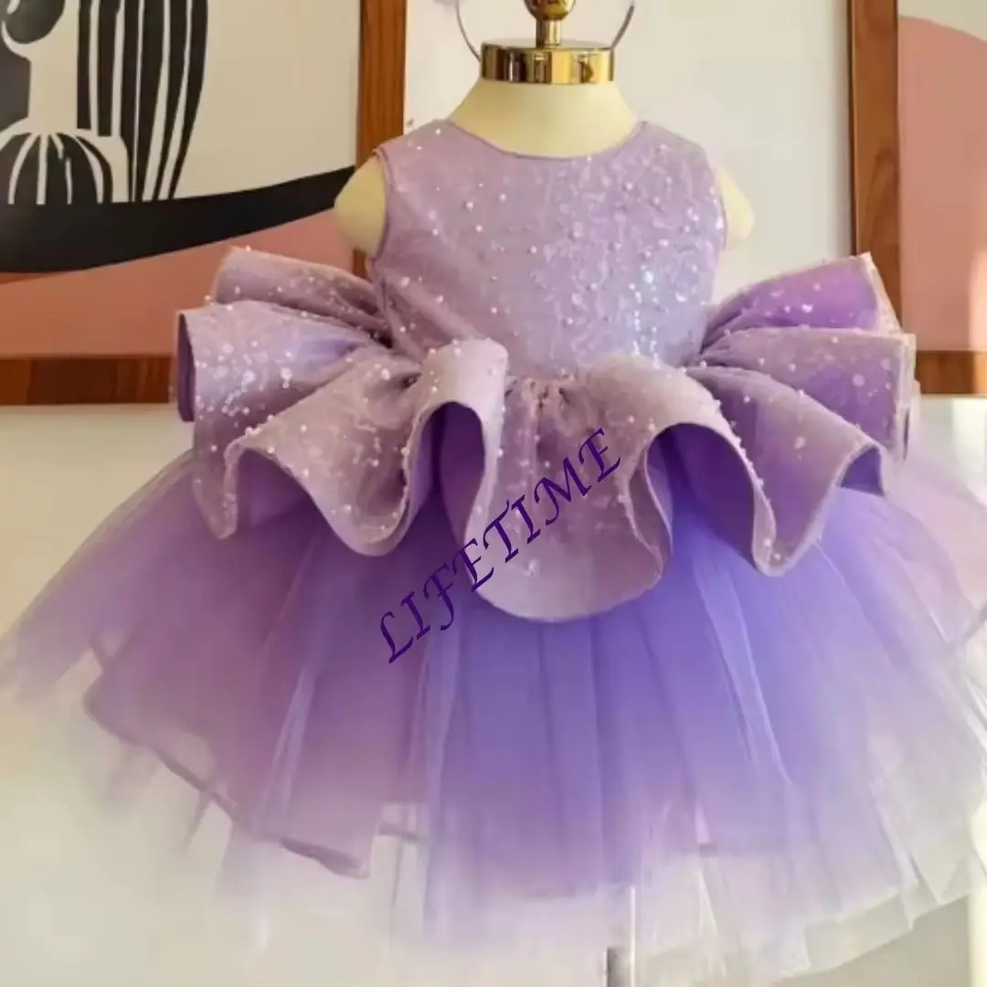 Customized Lavender Flower Girl Dress with Beading Sequins Bow Puffy Toddler Birthday Party Pageant Gown for Wedding