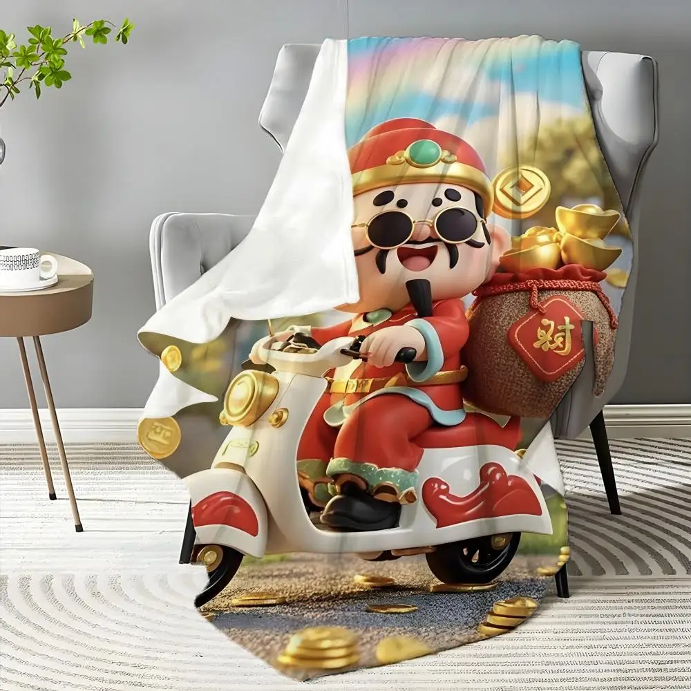 

God of Wealth Throw Blanket Aesthetic Art Flannel Blanket Portable Home Travel Camping Sofa Picnic Thickening Flannel Blanket