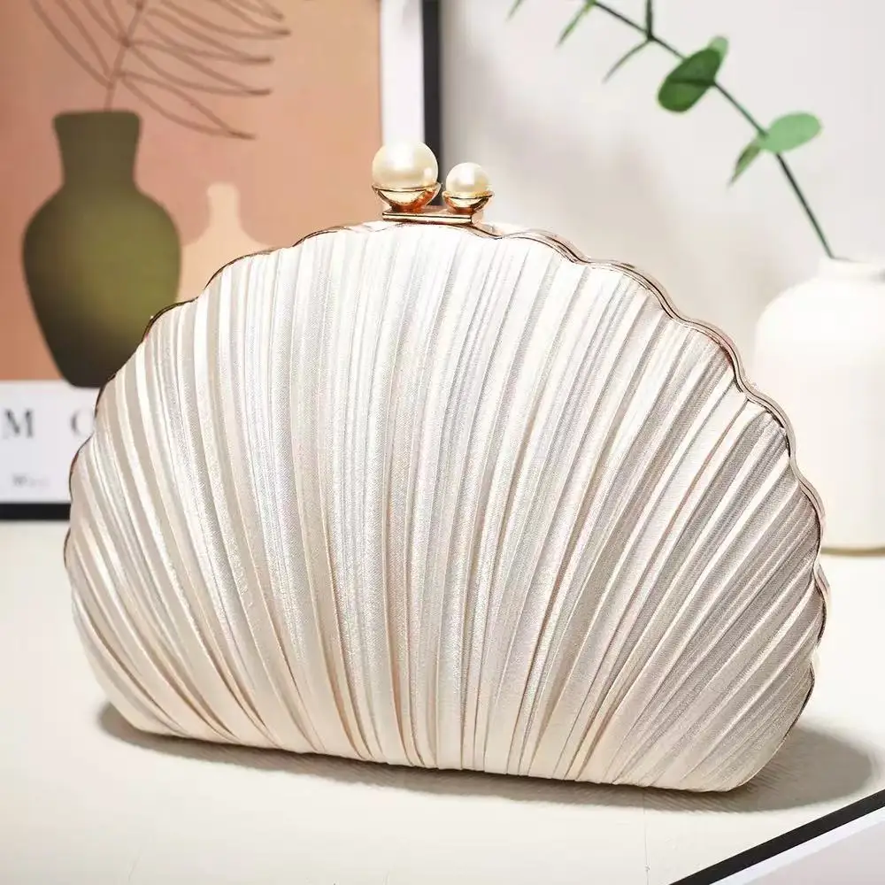 

New Shell Clutch Evening Bag Cheongsam Diamond Embellished Pleated Chain Banquet Dress Bag Party Handbag