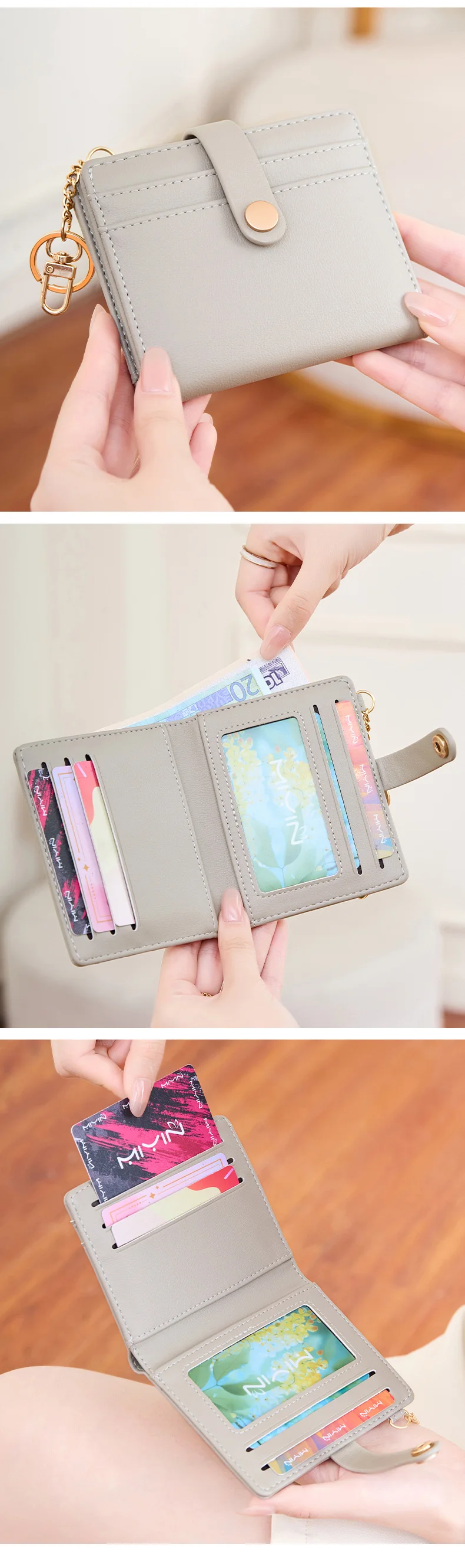 MIYIN Ultradünne Damen-Geldbörse RFID-geschützt, zweifach faltbarer Kreditkarten-/Ausweishalter, minimalistische kurze Geldbörse mit Reißverschluss und Schlüsselanhänger – Detail 8