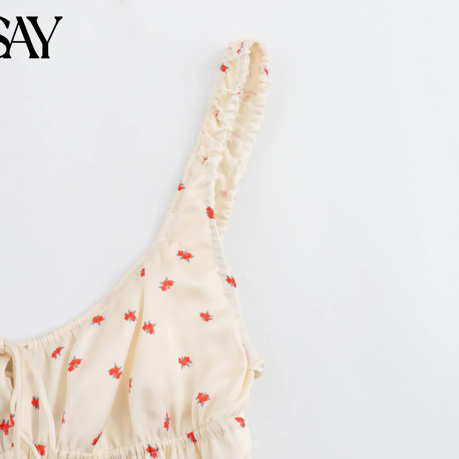 BSAY 女性ファッション夏セクシーなフラワープリントノースリーブバックレススリング V ネックサテンドレスシックな女性フレンチエレガンスイブニング