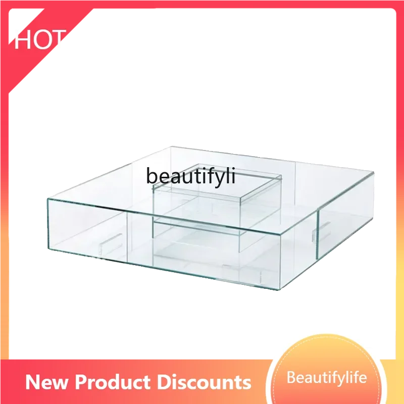 

X0 Italian designer creative transparent flame tempered glass coffee table living room Italian minimalist square low table