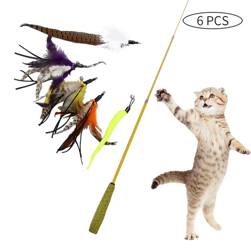 6PCS Cat Three-section Telescopic Fishing Pole Interactive Replacement Feather Teaser Stick Wand Pet Feather Bell Catcher Toy