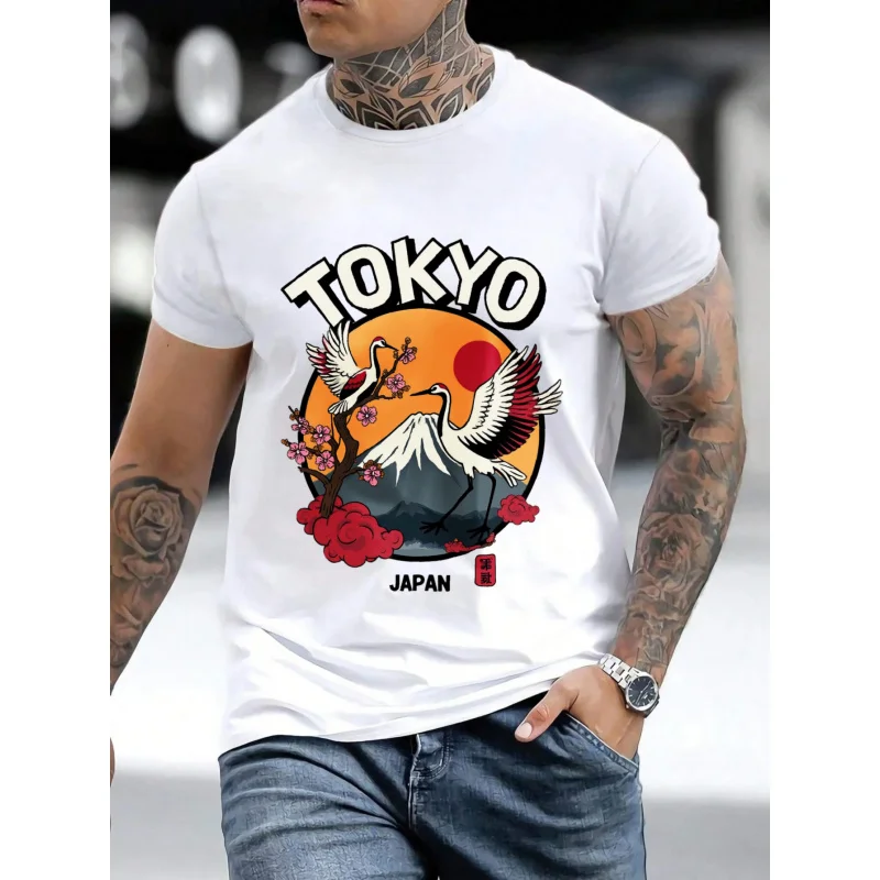 تي شيرت رجالي أبيض طوكيو اليابان كرينز جبل فوجي زهر الكرز طباعة قطن عالي الجودة 180 جرام