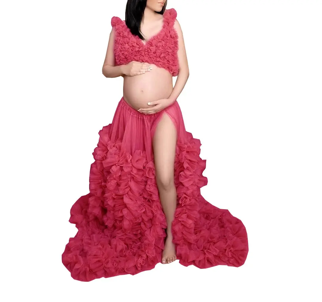 Vestido de maternidad para sesión de fotos, conjunto de 2 piezas, tul plisado, abertura frontal, largo hasta el suelo, sesión de fotos, Baby Shower