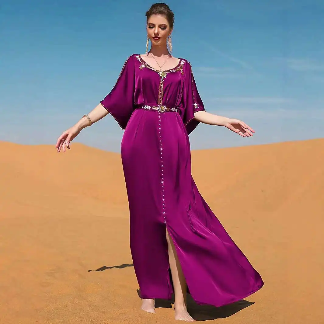 

Ba7031 Rose Purple Off-shoulder Hand-sewn Rhinestone Design Dress Party Gift Robe Abaya Ramadan Dubai Luxury Islam Elegant