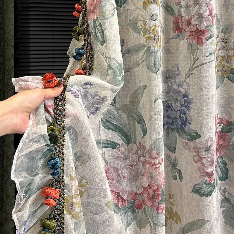 Customized New Linen Gauze Oil Painting Jacquard Lace Window Screens for Living Room Bedroom French Window Balcony Window Villa