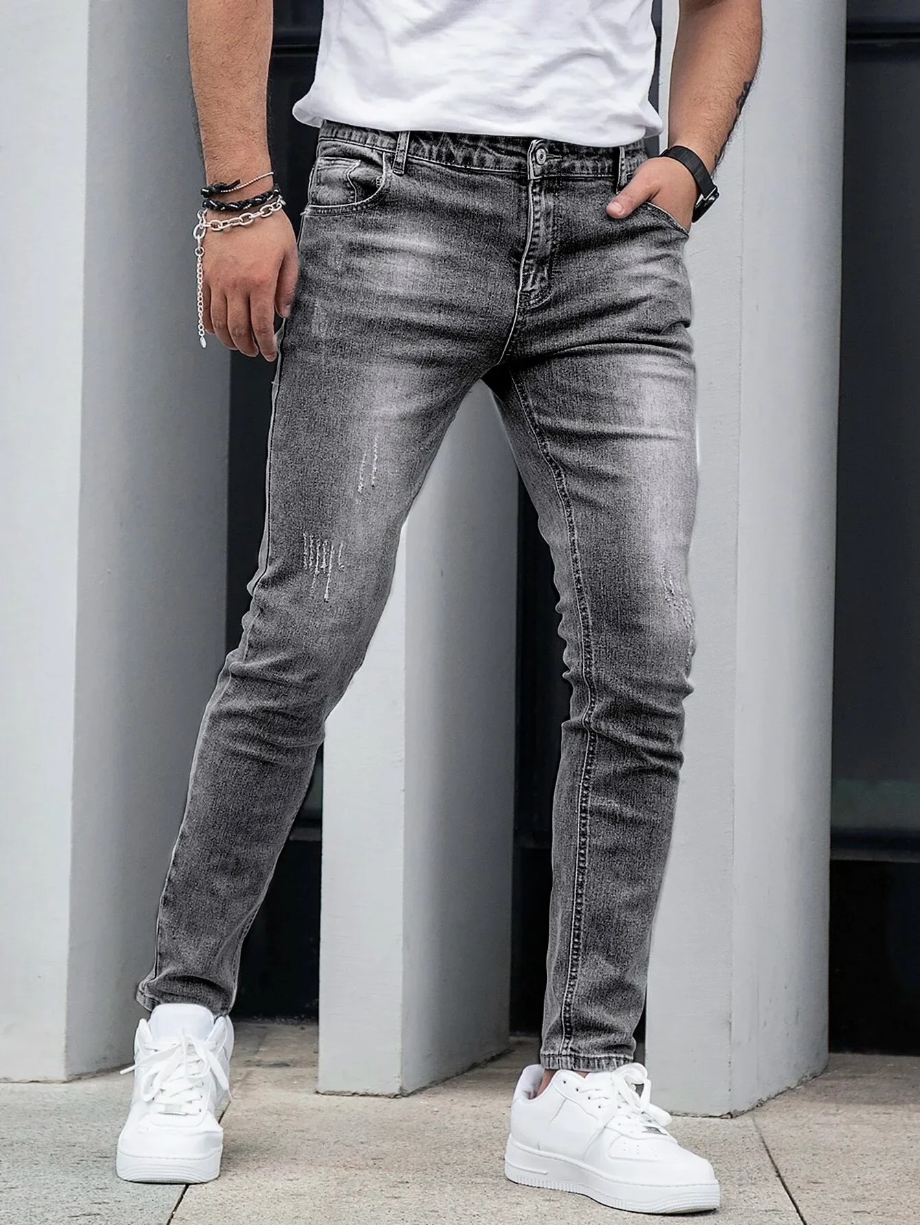 

Men's Four-Season Snowflake Washed Fashion Jeans, Stretch Slim Fit Light Gray Dark Black Casual Denim Pants, Normcore and Fashio