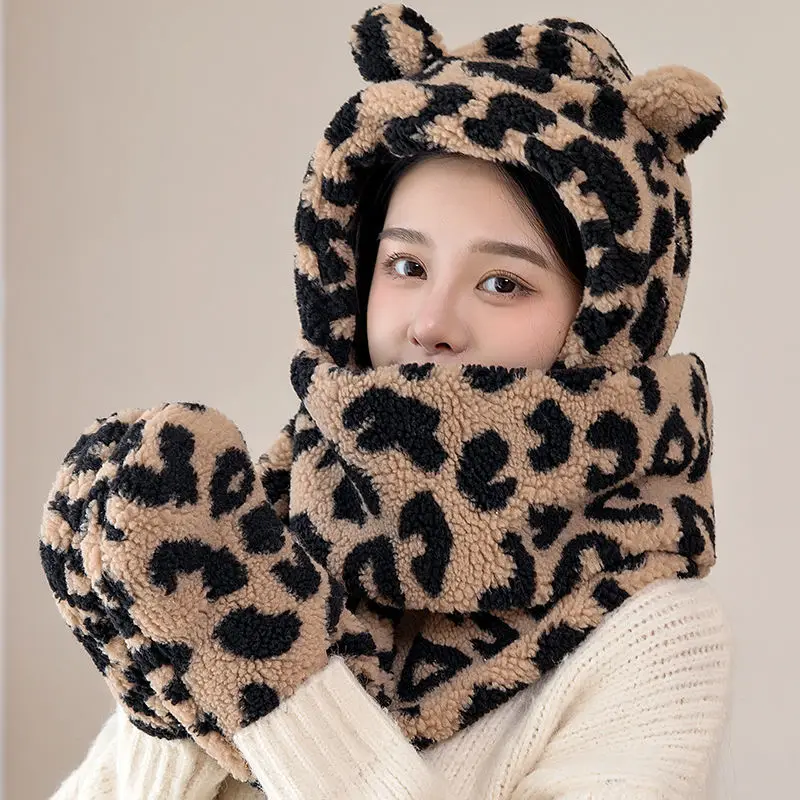 Autumn and Winter Hat Female All-Match and Cute Warm Leopard Print Thickened Winter Hat Scarf Gloves Three Pieces One-Piece Hat