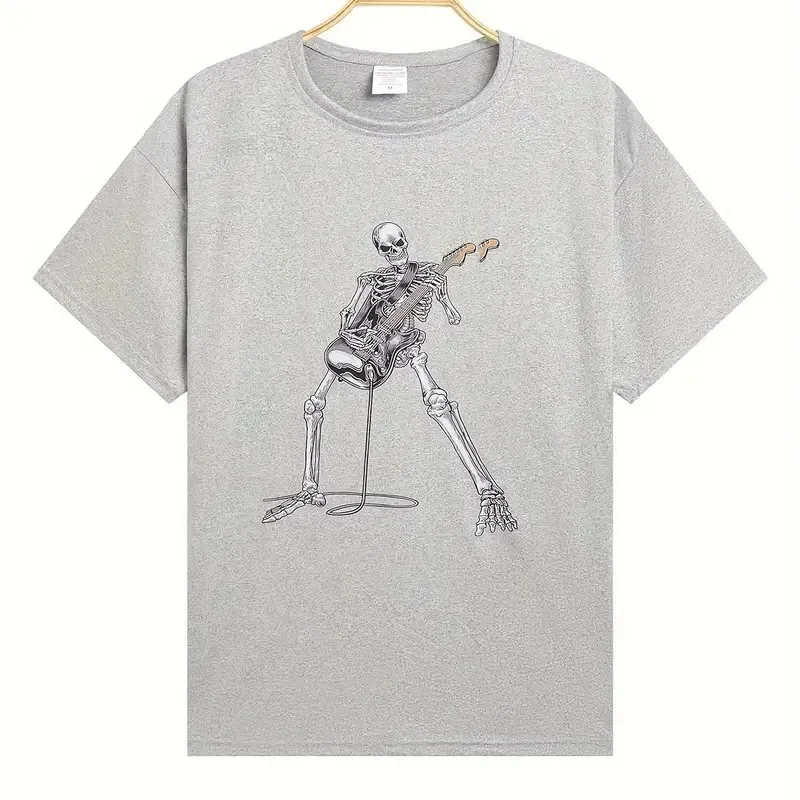 Happy Skeleton Guitar Guy Men's Short Sleeve Crew Neck Cotton T-Shirt Casual Men's Tee Outfits Summer HIP Hop Clothing