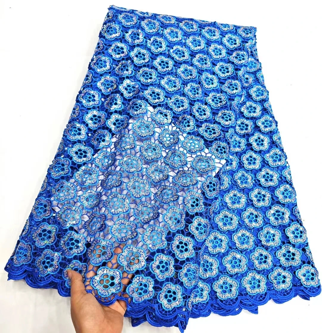 

New Design Sky Blue Sequins African Guipure Cord Lace Fabric For Party Nigerian Water Soluble Lace Fabric For Wedding LHD24112