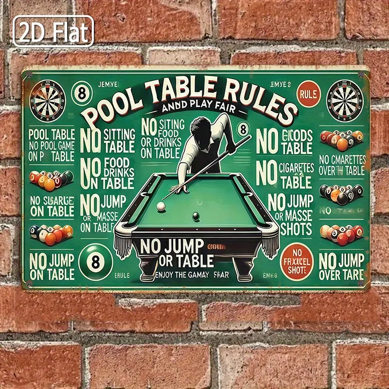 flat Tin Sign, Pool Table Rules, Classic Billiards Game Rules Poster, Perfect for Room, Sports Bar, or Man Cave, Adds Fun