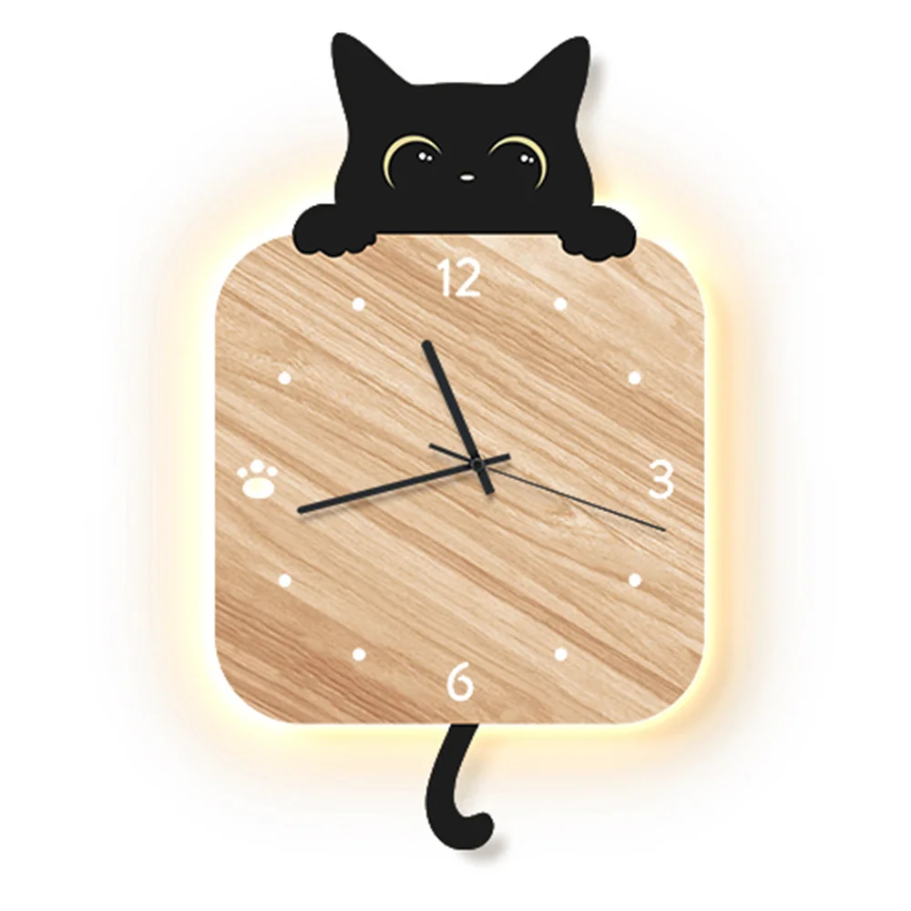 Minimalist Cat Wooden Style Acrylic Clock Wall Lamp Living Room Bedroom Study Home Deco Children Sconce Corridor Art Night Light