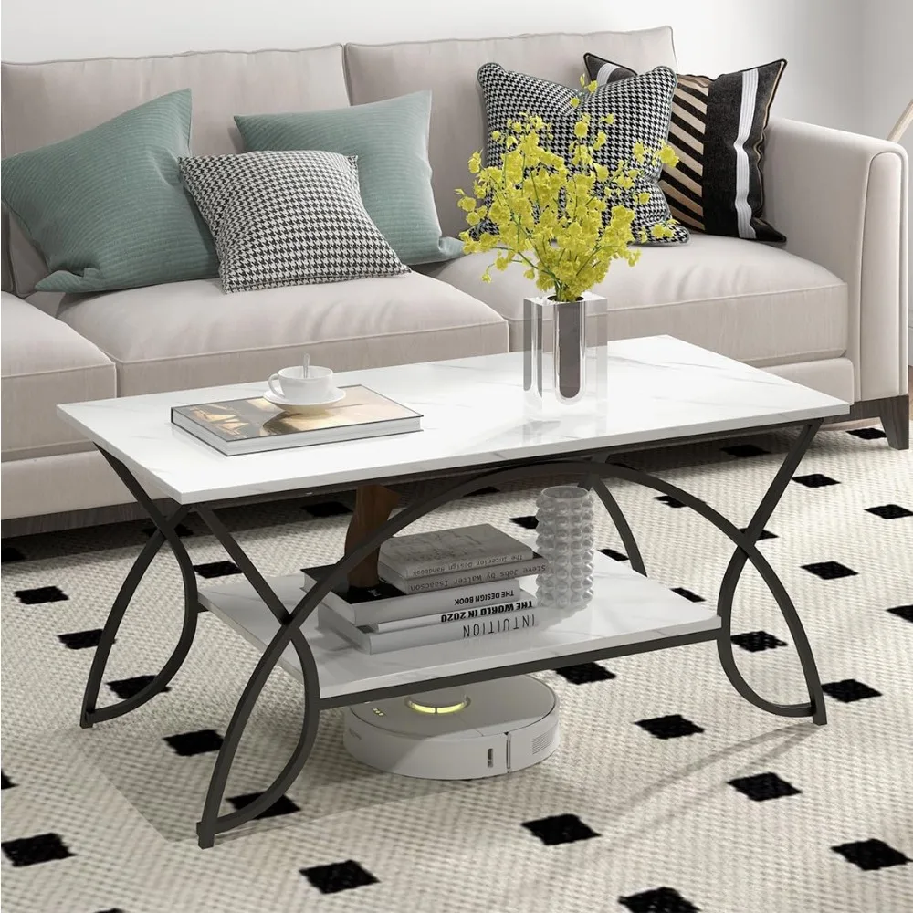 

2-Tier Rectangular Coffee Table, Faux Marble Table with Open Storage Shelf, Black Finished Metal Frame, Modern Center Ta